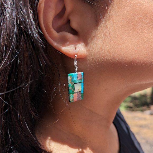 Santo Domingo Pueblo Mosaic Dangle Earrings Native American Jewelry R.Rosetta*** - Picture 1 of 9